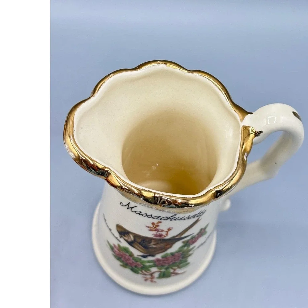 Vtg Massachusetts Souvenir Mini Pitcher Chickadee Mayflower Gold Rim Creamer 5in